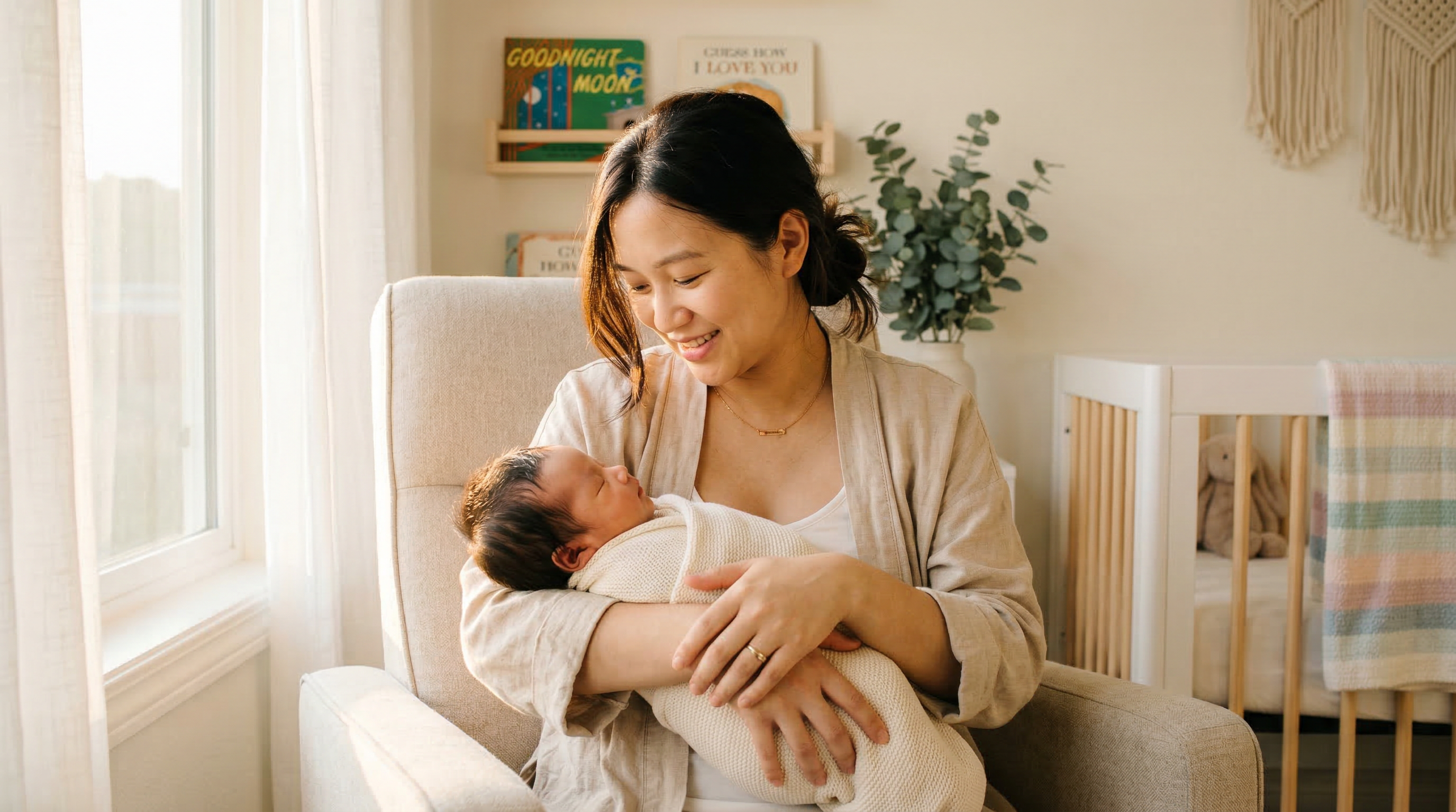 母親溫柔地抱著初生嬰兒